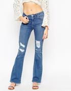 Asos Belle Flare Jeans In Melinda Bright Wash With Displaced Ripped Knees - Mid Stone Blue