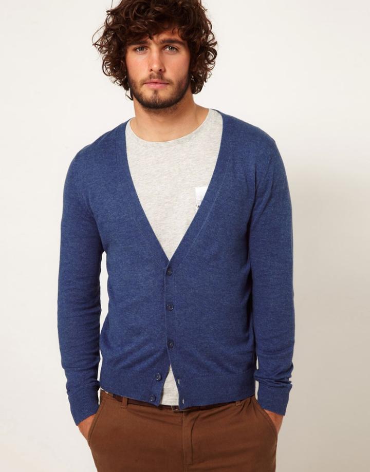 Asos Cardigan With Elbow Patches - Blue