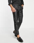Topman Straight Faux Leather Pants With Seam Detail In Black