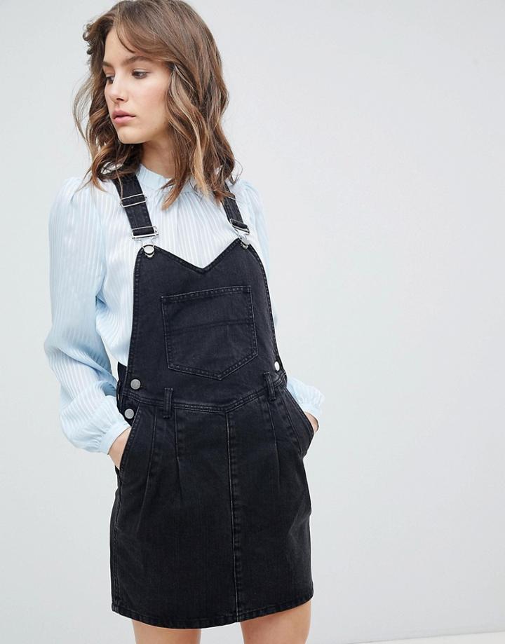 Asos Denim Overall Dress In Washed Black With Pleat Detail - Black