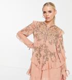 Asos Design Petite Embelllished Chiffon Mini Dress With Stencil Floral Beading In Olive-pink