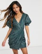 Asos Design Structured Drape Wrap Mini Dress With Puff Sleeve Detail In Polka Dot-multi