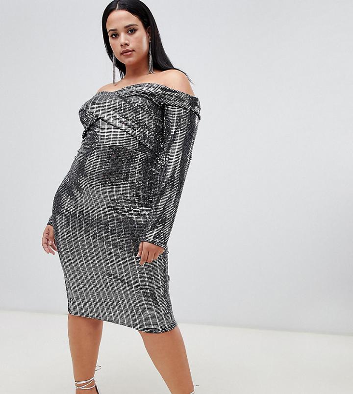 John Zack Plus Bardot Cross Neck Pencil Dress In Silver - Multi