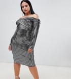 John Zack Plus Bardot Cross Neck Pencil Dress In Silver - Multi