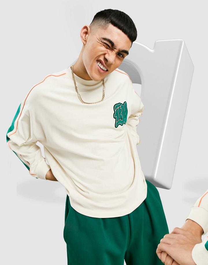 Asos Design Oversized Long Sleeve T-shirt In Beige With Sleeve Taping & Chest Badge-neutral