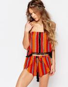 Honey Punch Festival Strappy Crop Top In Woven Lines With Pom Pom Trim - Multi
