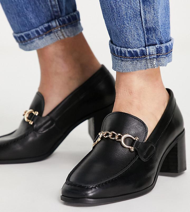 Depp Wide Fit Leather Heeled Loafer With Trim In Black