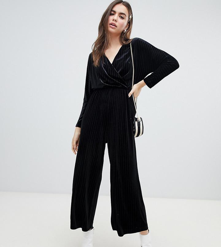 Monki Velvet Wrap Front Jumpsuit In Black Stripe