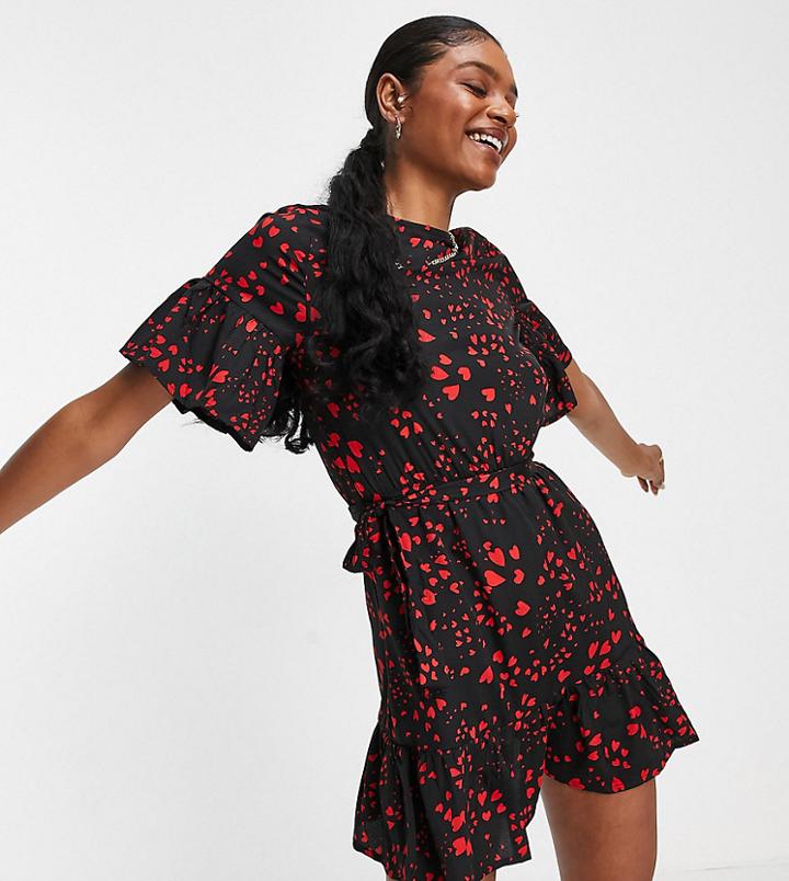 Influence Tall Tie Waist Flippy Hem Mini Dress In Heart Print-multi