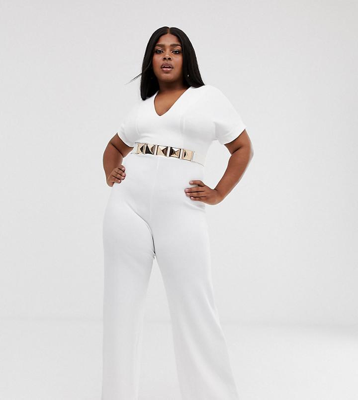 Club L London Plus Tailored Jumpsuit With Belt - White