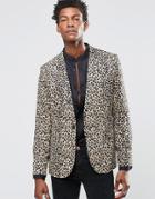 Religion Skinny Blazer In Leopard Print Rayon - Tan