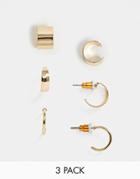 Asos Design Pack Of 3 Hoop Earrings And Ear Cuffs In Gold Tone