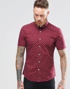 Asos Skinny Fit Shirt With Polka Dot In Burgundy With Short Sleeves - Burgundy
