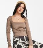 Stradivarius Square Neck Long Sleeve Jersey Top In Mushroom-neutral