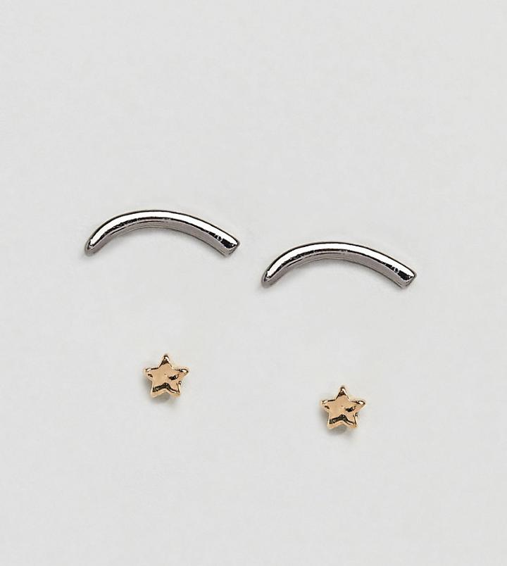 Asos Pack Of 2 Curved Bar And Star Stud Earrings - Gold
