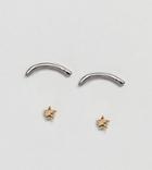 Asos Pack Of 2 Curved Bar And Star Stud Earrings - Gold