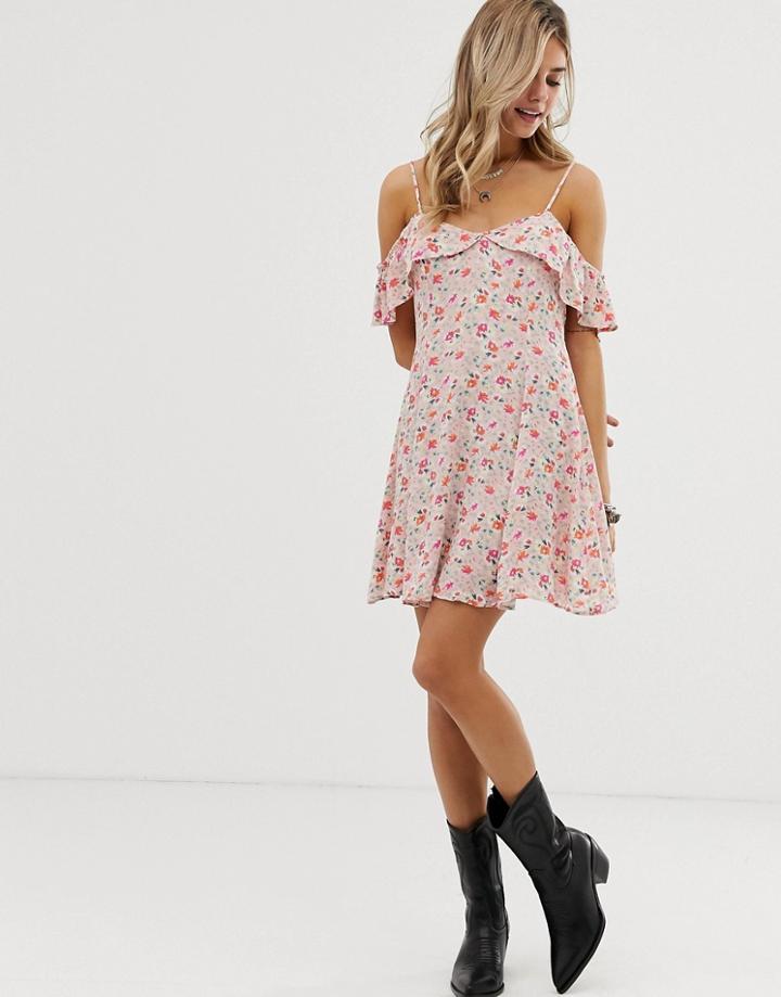 En Creme Floral Swing Dress With Cold Shoulder Ruffle Detail-multi