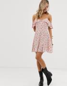 En Creme Floral Swing Dress With Cold Shoulder Ruffle Detail-multi