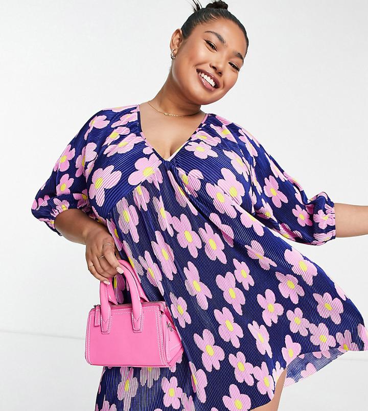 Asos Design Curve Plisse Batwing Mini Dress In Navy And Pink Daisy-multi
