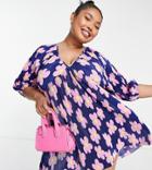 Asos Design Curve Plisse Batwing Mini Dress In Navy And Pink Daisy-multi