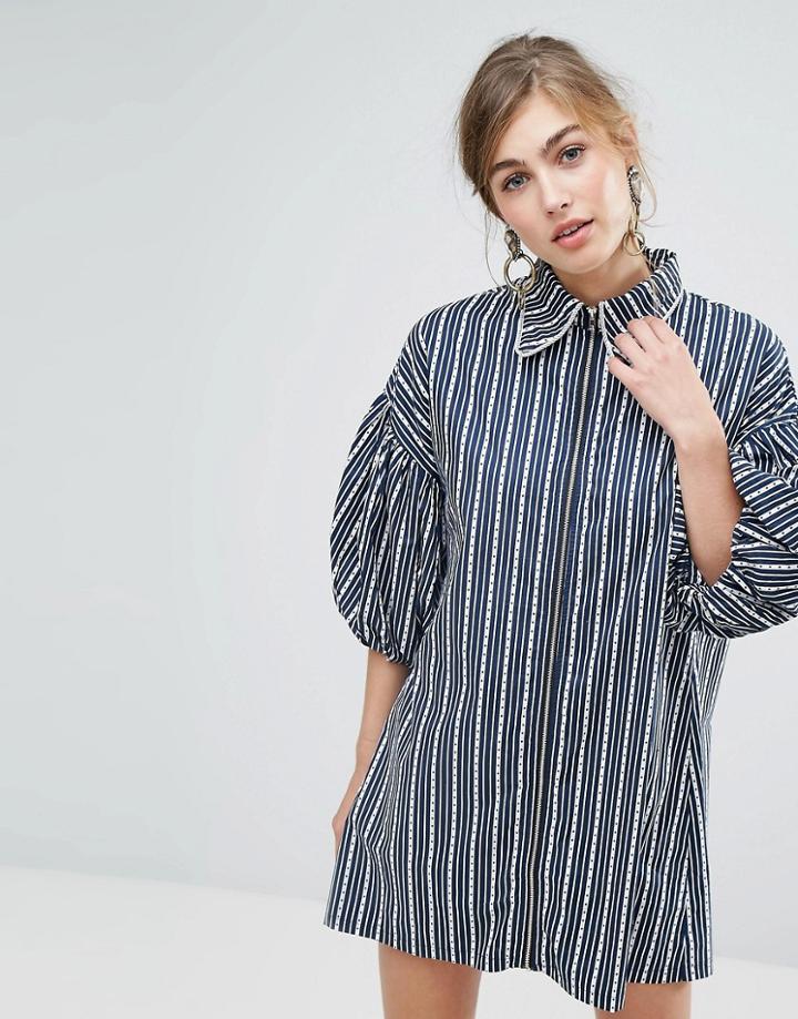 Sister Jane Zip Up Shirt Dress In Stripe - Navy