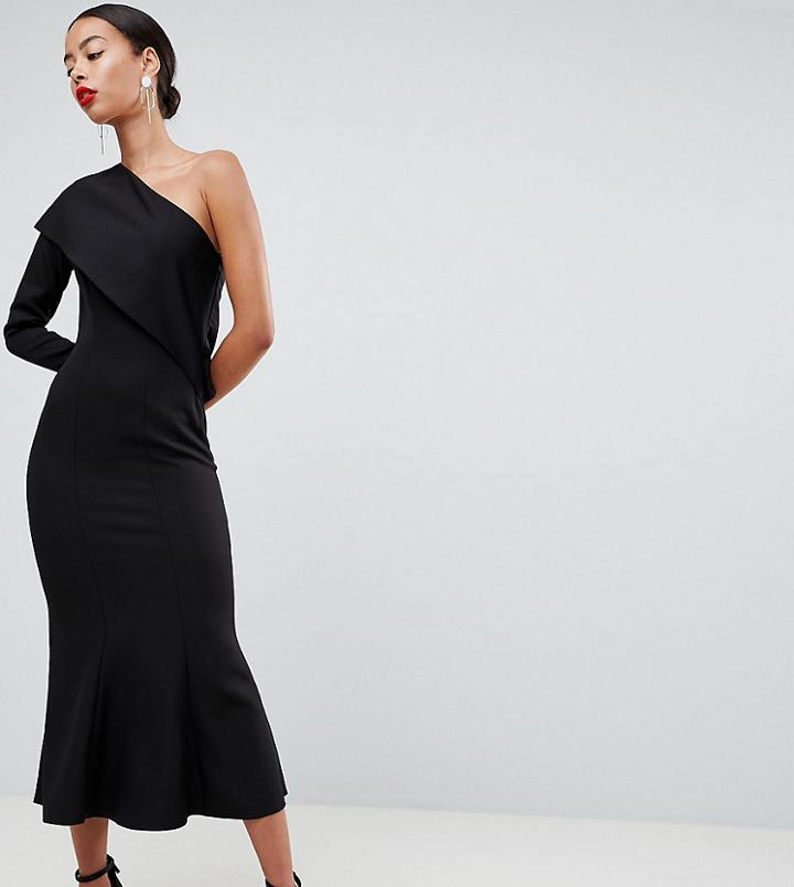 Asos Design Tall One Shoulder Fit And Flare Midi Dress - Black