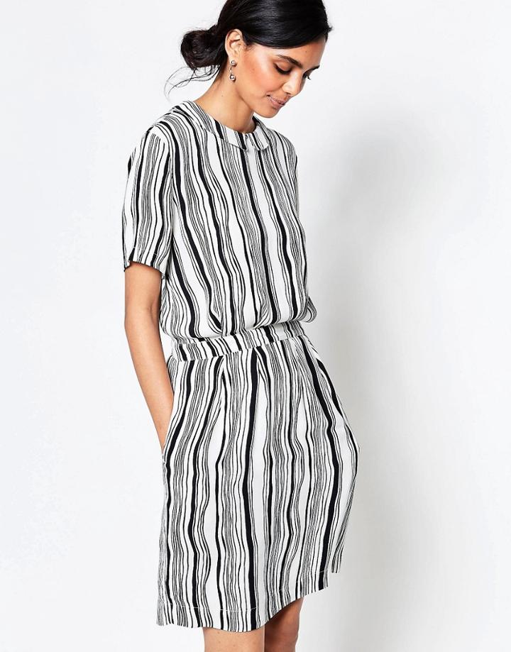 Ganni Nairobi Crepe Wavey Striped Dress With Cinched Waist