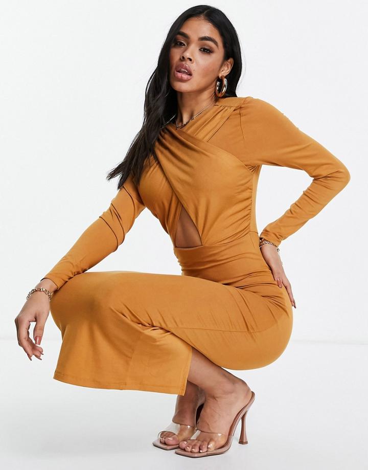 Asos Design Long Sleeve Halter Cross Front Midi Dress In Camel-neutral