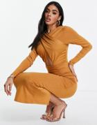 Asos Design Long Sleeve Halter Cross Front Midi Dress In Camel-neutral
