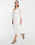 Asos Design Textured Midi Smock Dress With Shirred Cuffs In White