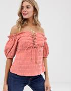 Asos Design Off Shoulder Top With Lace Up Detail In Textured Cotton - White
