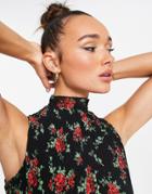 Asos Design High Neck Satin Plisse Crop Top In Rose Floral Print - Part Of A Set-multi