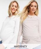River Island Maternity 2 Pack Long Sleeved T-shirt In White And Pink-multi