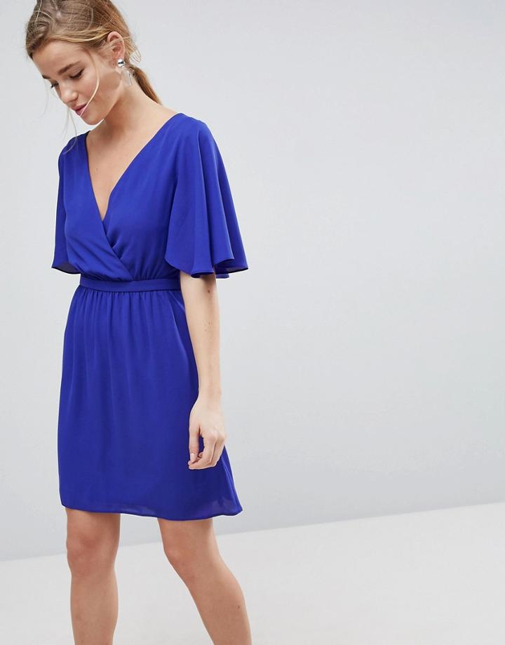 Asos Flutter Sleeve Cross Over Mini Dress - Blue