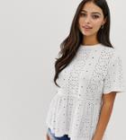 Asos Design Petite Smock Top In Broidery - White