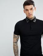 Asos Muscle Polo Shirt With Black Sequin Collar - Black