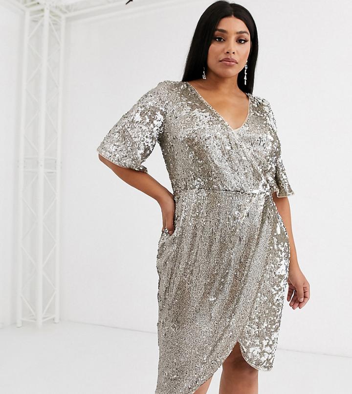 Tfnc Plus Sequin Wrap Front Kimono Midi Dress In Two Tone Sequin-multi