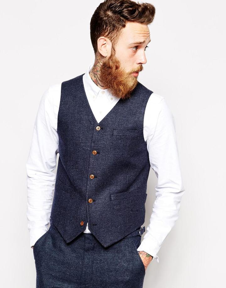 Asos Slim Vest In Herringbone - Navy