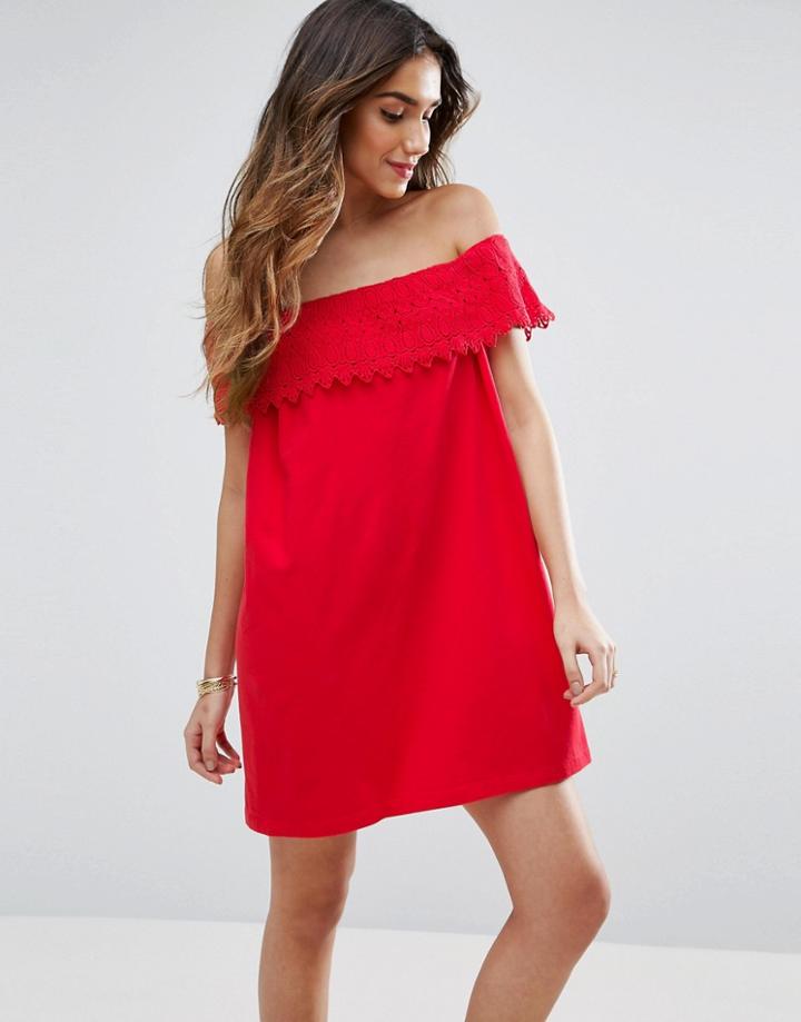 Asos Off Shoulder Sundress With Lace Detail - Red