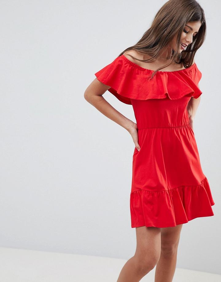 Asos Design Off Shoulder Sundress With Tiered Skirt - Red