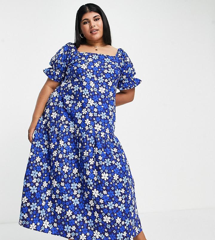 Influence Plus Puff Sleeve Midi Dress In Blue Floral