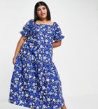 Influence Plus Puff Sleeve Midi Dress In Blue Floral