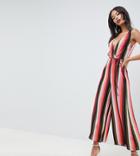 Asos Design Tall Jumpsuit With Wrap Front In Multi Stripe - Multi