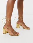 Asos Design Hideout Block Heeled Minimal Strap Sandals In Gold