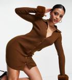 Asyou Fur Trim Knitted Polo Dress In Chocolate-brown