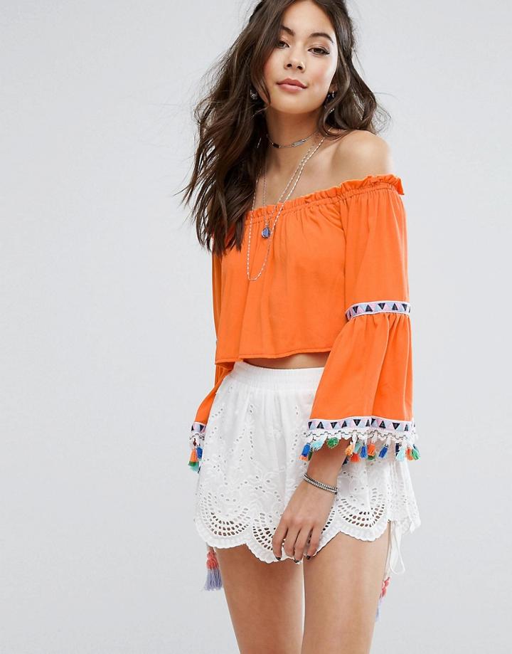 Kiss The Sky Off Shoulder Top With Festival Tassel Trim - Orange