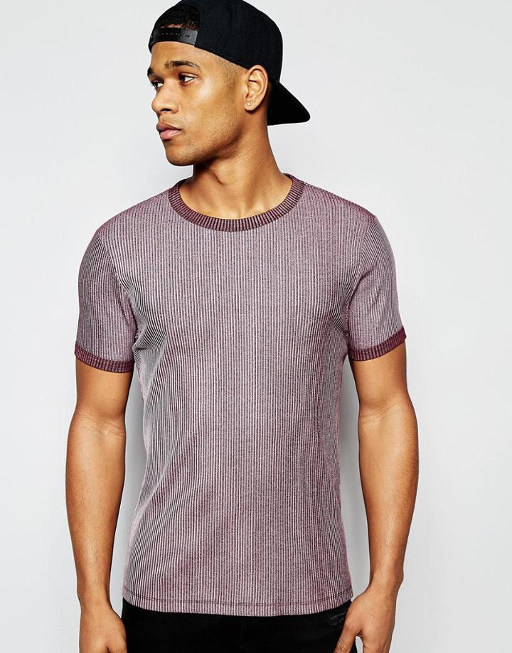 Asos Muscle T-shirt In Plaited Rib In Burgundy - Dark Burgundy