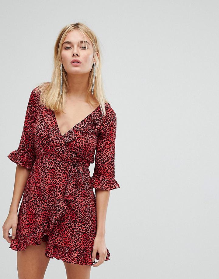 Motel Wrap Dress With Ruffle In Leopard - Black