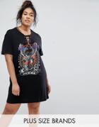 Brave Soul Plus Tour T-shirt Dress With Lace Up Front - Black
