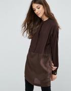 Vila Mixed Fabric Collarless Tunic - Brown